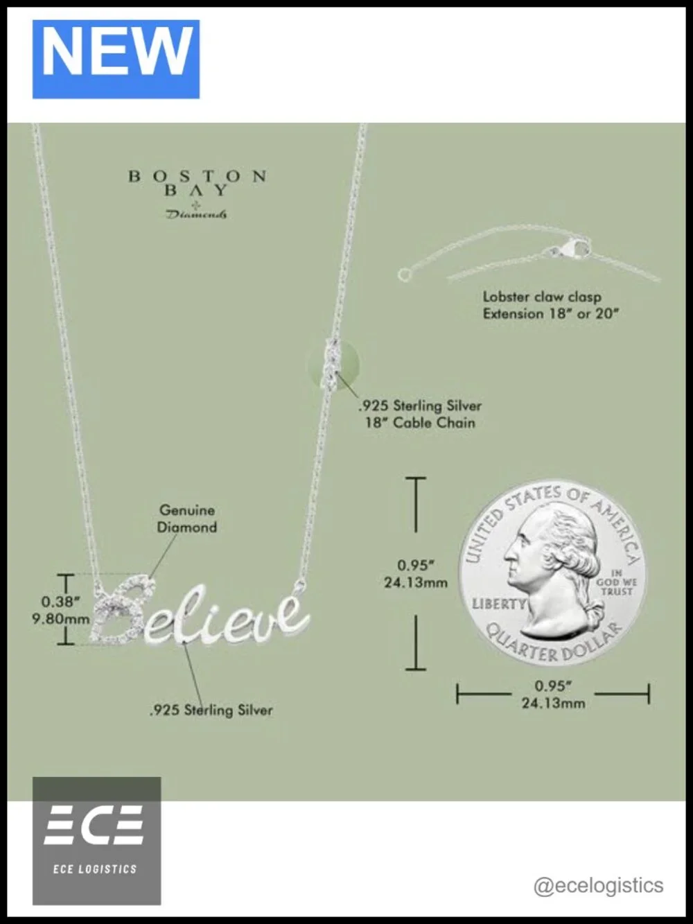 Sterling Silver Diamond Believe Necklace 18in Chain with 2in Extender